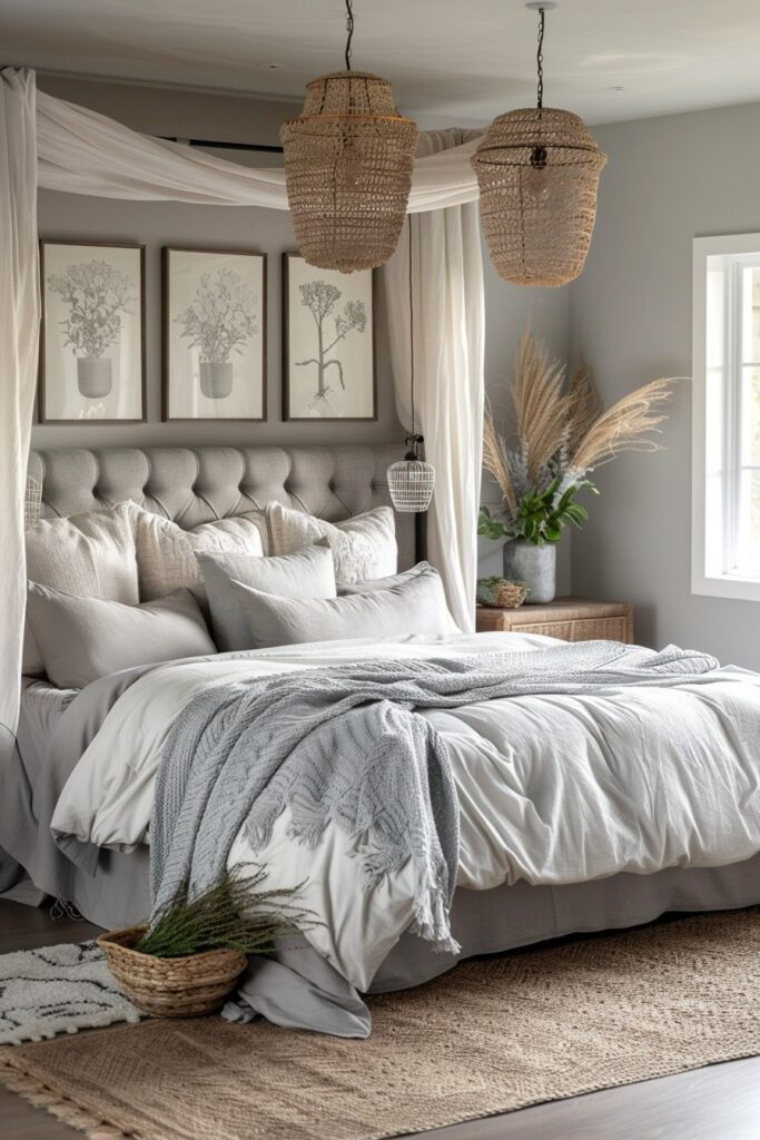 Tranquil Overcast Oasis: Calmness in a Grey Boho Bedroom