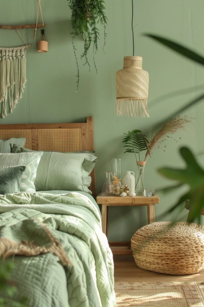 Tropical Nightfall: Evening Retreat in a Green Boho Bedroom