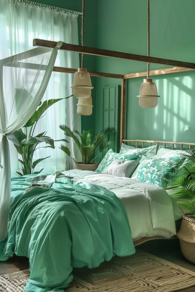 Island Serenity: Green Boho Bedroom Ambience