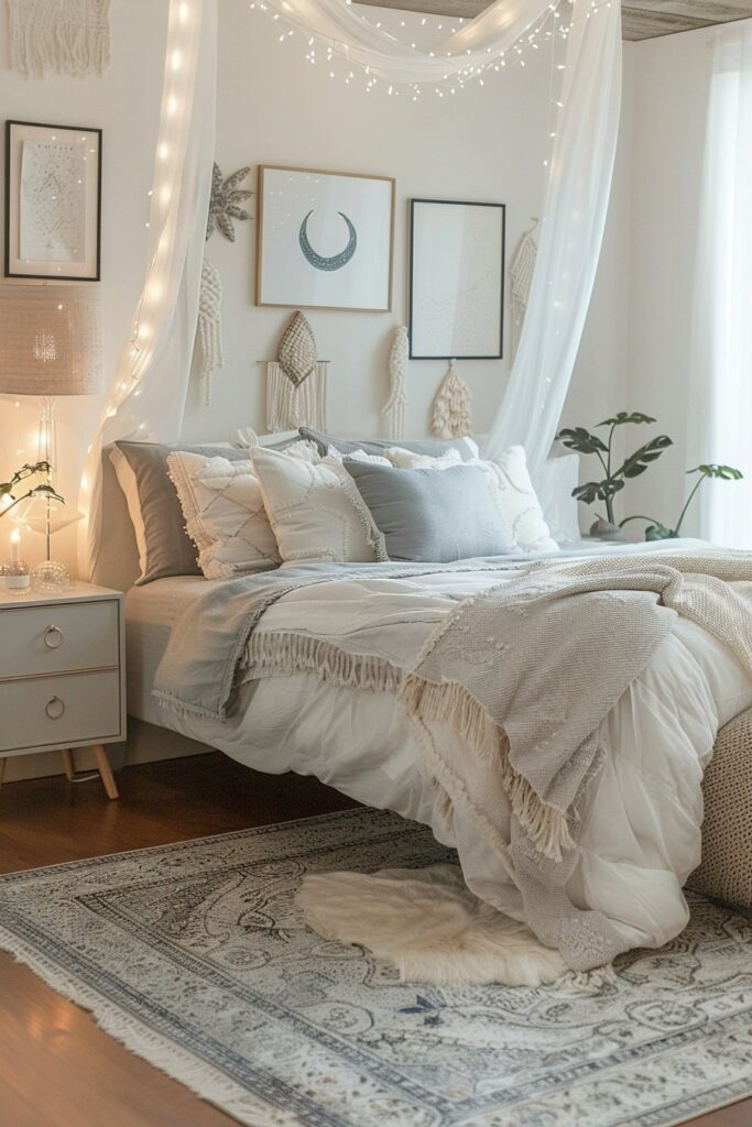 Celestial Lunar Luxe: Grey Boho Bedroom Vibes