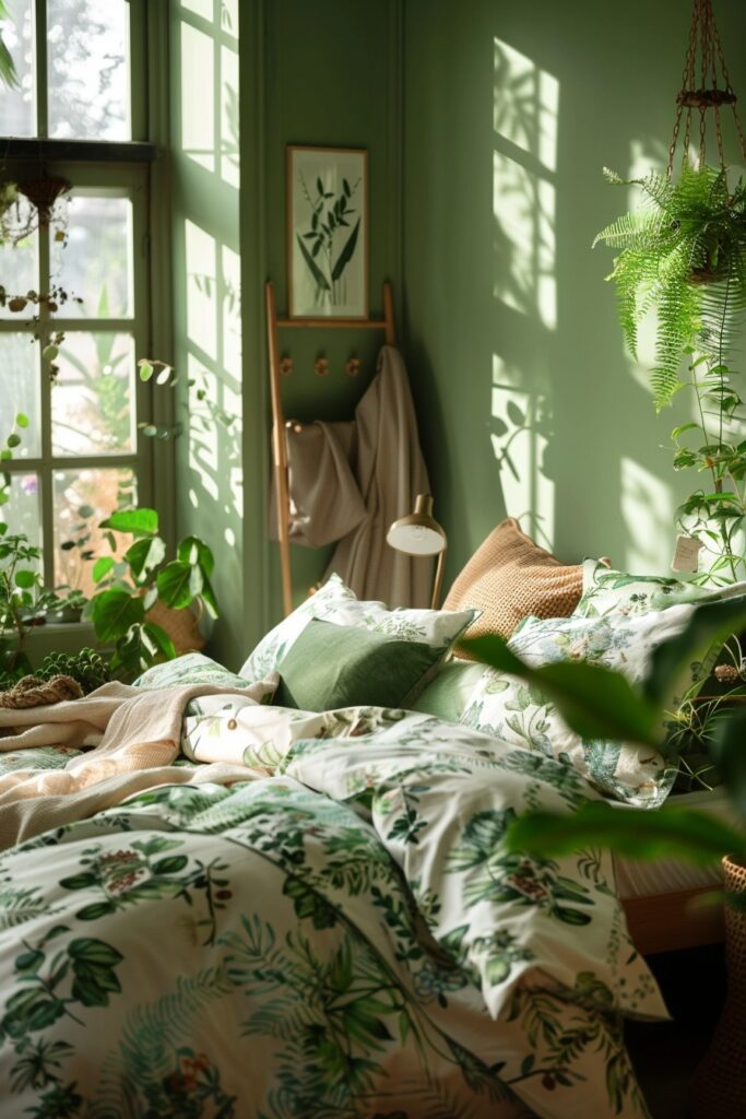 Botanical Calm: Nature-Inspired Green Boho Bedroom