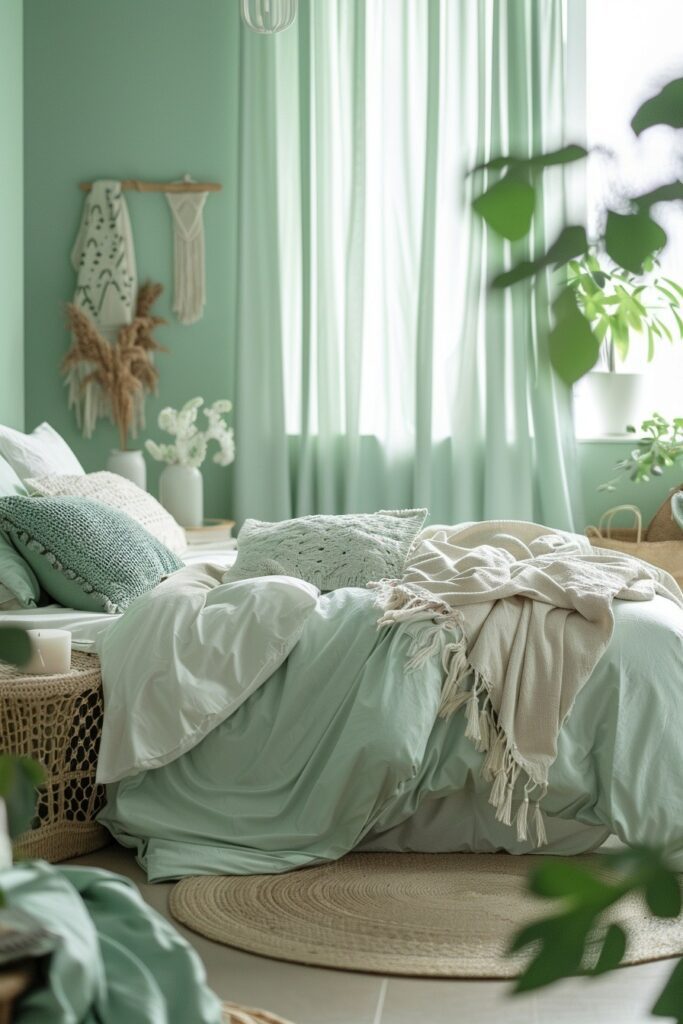 Minty Serenity: Comfortable Green Boho Bedroom