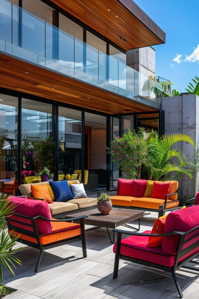 Minimalist Patio Designs with Vibrant Furnishings