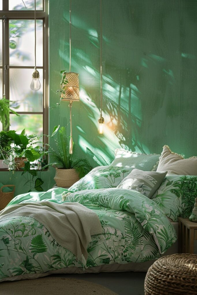 Twilight Garden: Enchanted Green Boho Bedroom Ambiance