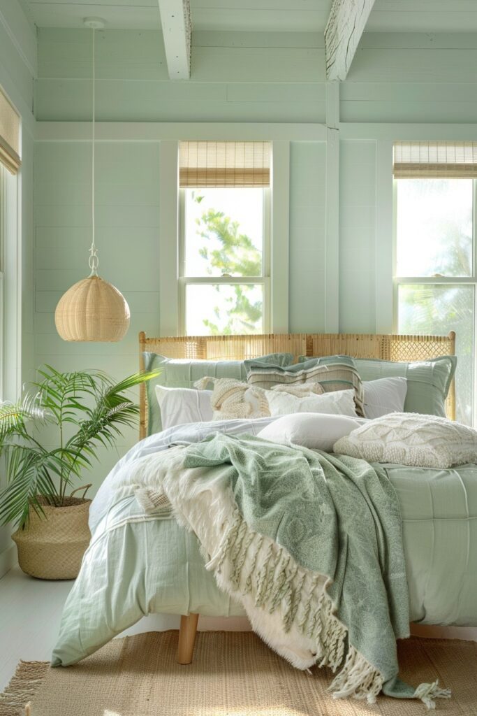 Seashore Calm: Green Boho Bedroom with Coastal Influences