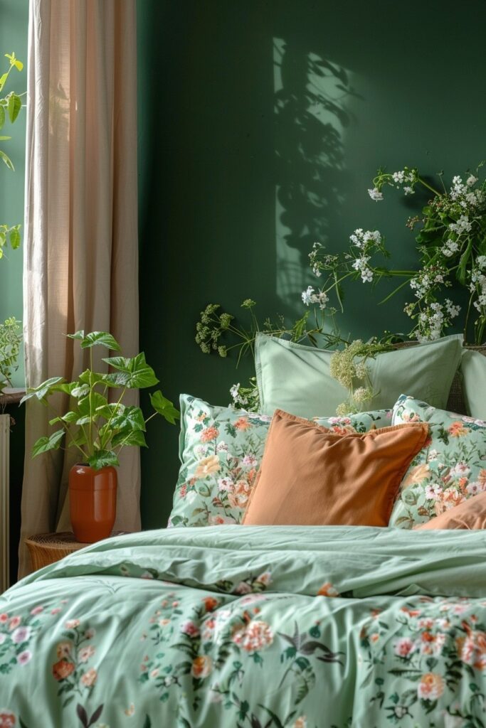 Floral Retreat: Boho Bedroom with Green and Botanical Accents