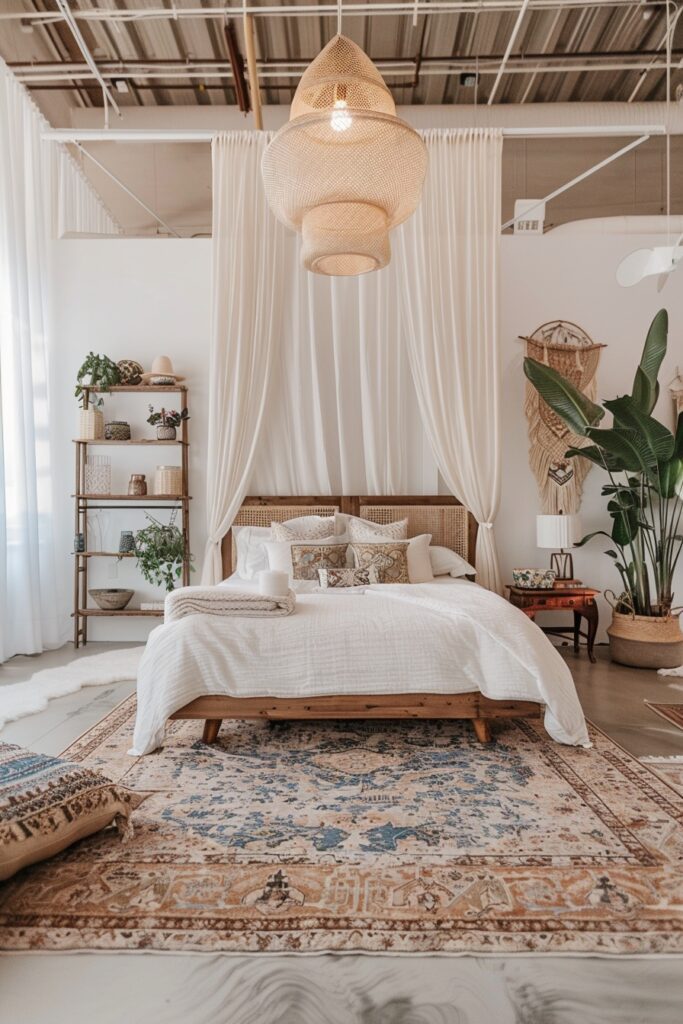 Airy Haven: Boho Bedroom with Tall Ceilings