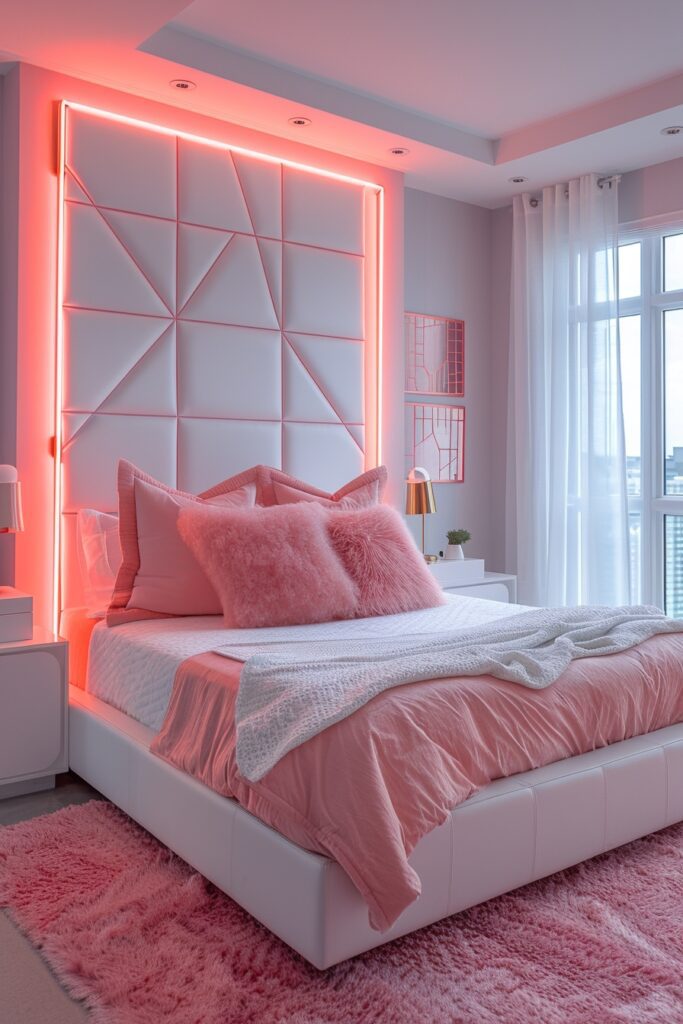 Bold Blush Baddie Bedroom with Neon Glow