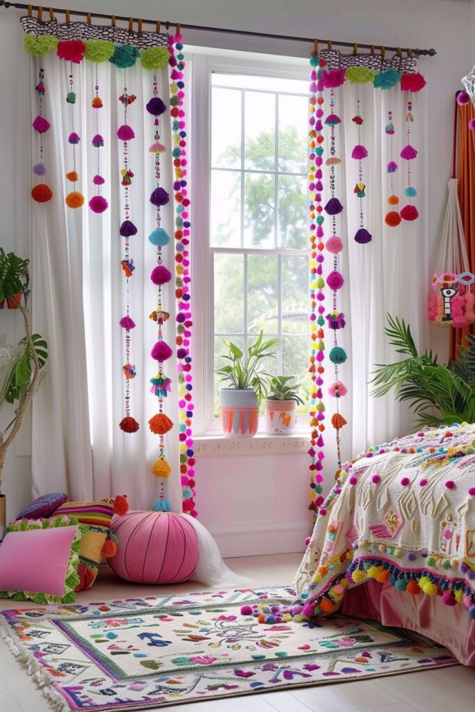 Colorful Boho Pom Pom Curtains