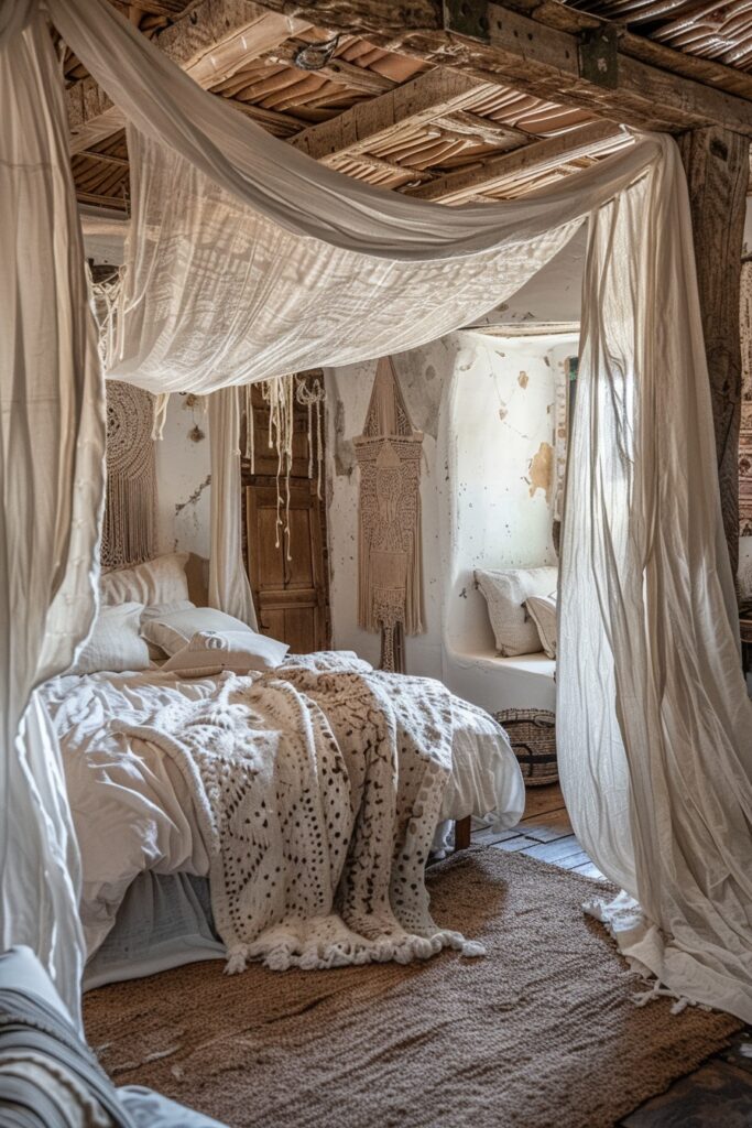 Comfort Canopy: Boho Bedroom Retreat with High Ceilings