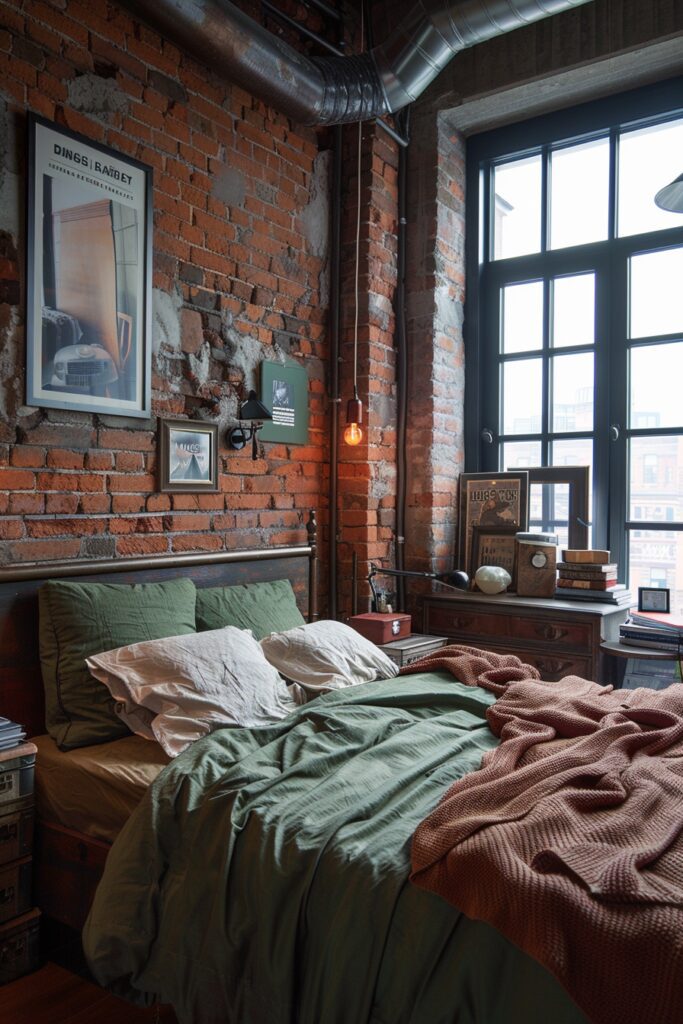 Industrial Style Green and Terracotta Bedroom