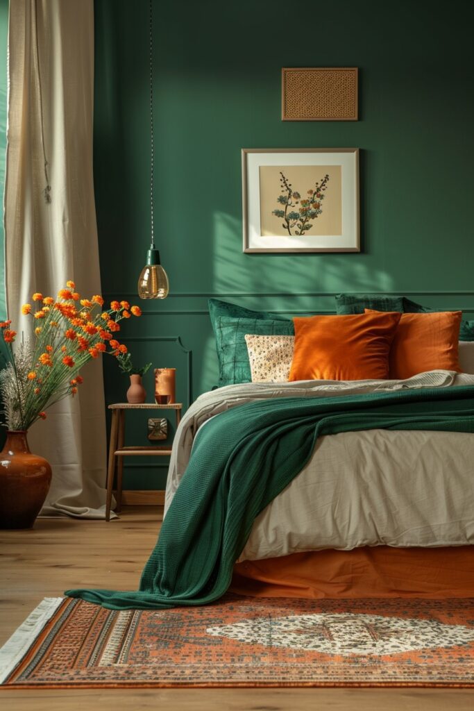 Lively Terracotta Bedroom with Green Accents