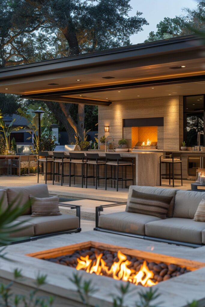 Modern Outdoor Kitchen with Fire Pit