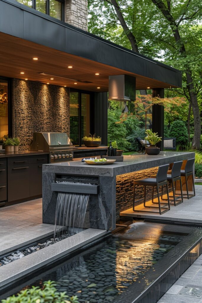 Modern Outdoor Kitchen with Water Feature