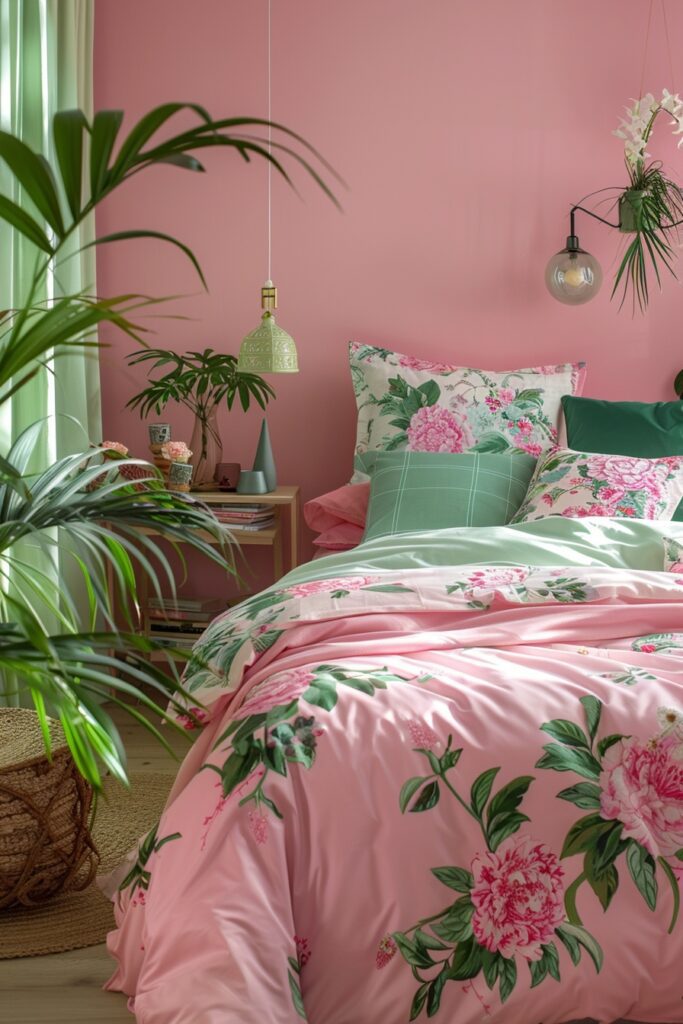 Nature-Inspired Pink and Green Bedroom