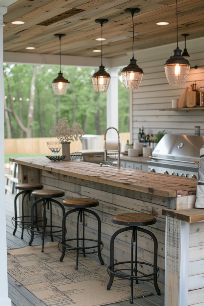 Shiplap-Adorned Farmhouse Outdoor Kitchens