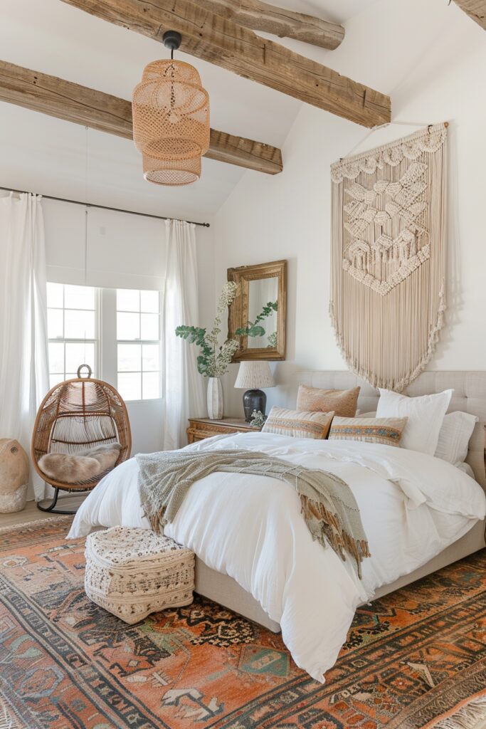 Sky Serenity: Boho Bedroom with High Ceilings