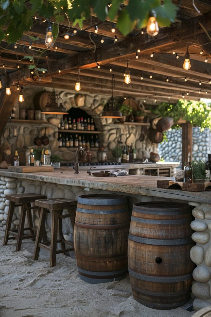 Wine Barrel Accented Rustic Outdoor Kitchens