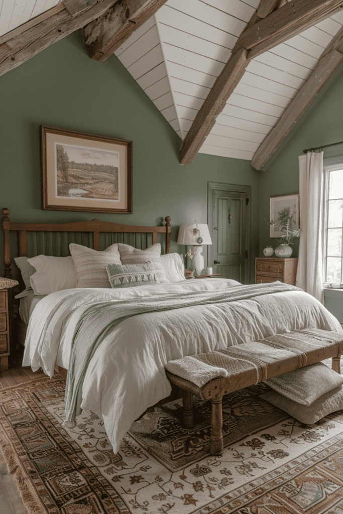 Expansive Sage Green Farmhouse Bedroom