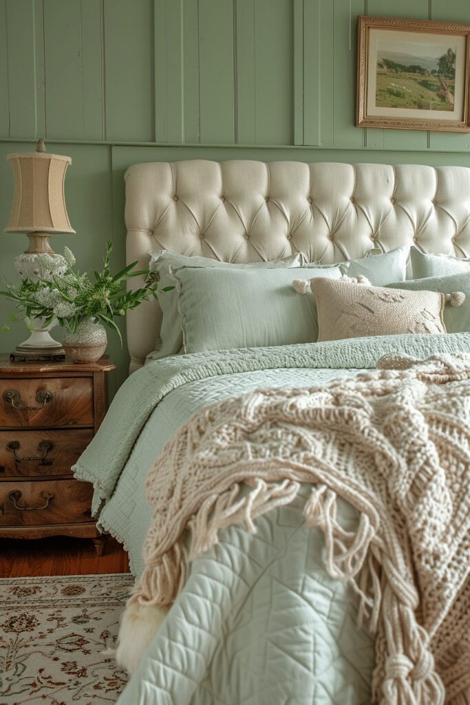 Welcoming Sage Green Farmhouse Bedroom