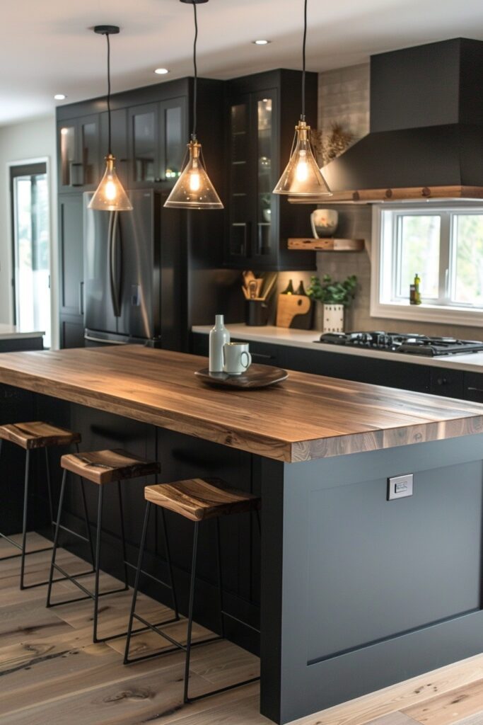 Bold Black and Wood Accent Kitchens