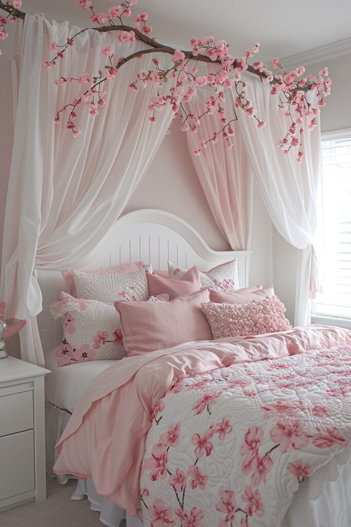 Cherry Blossom Haven Girls Bed with Canopy