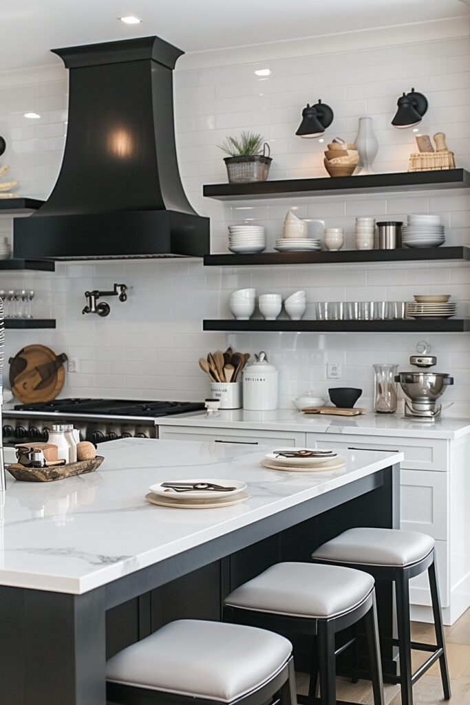 Contrasting Shelves in Monochrome Kitchens