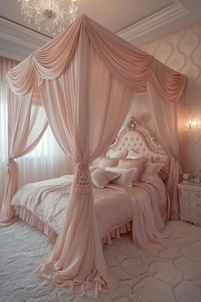 Luxurious Satin Draped Canopy Bed