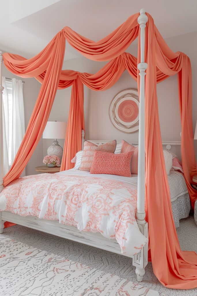 Radiant Coral Girls Bed with Canopy