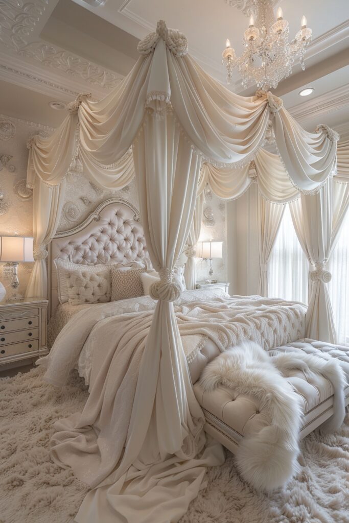 Refined Elegant Pearl Toned Canopy Bed