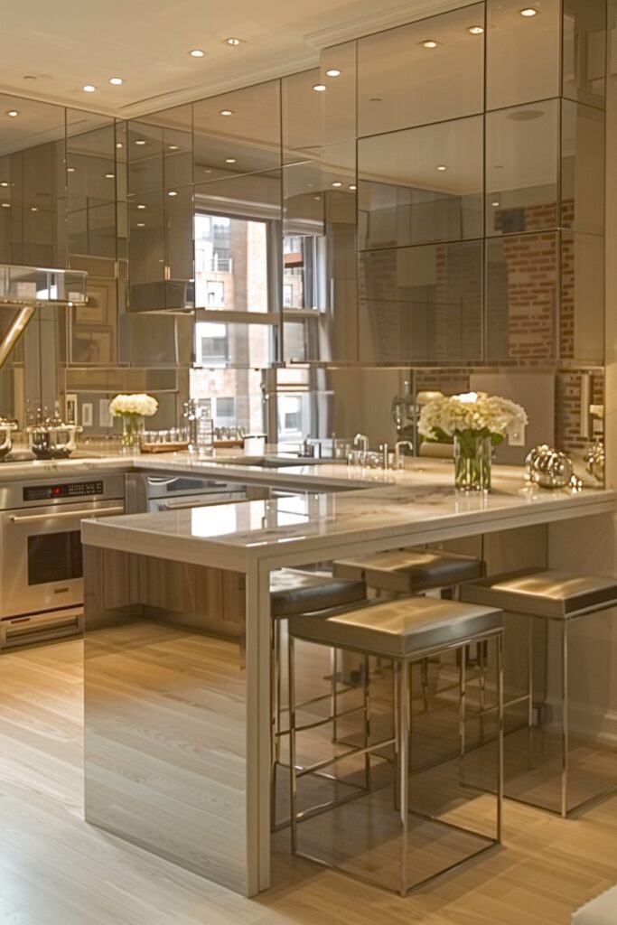 Reflective Surfaces Tiny Kitchen Layout