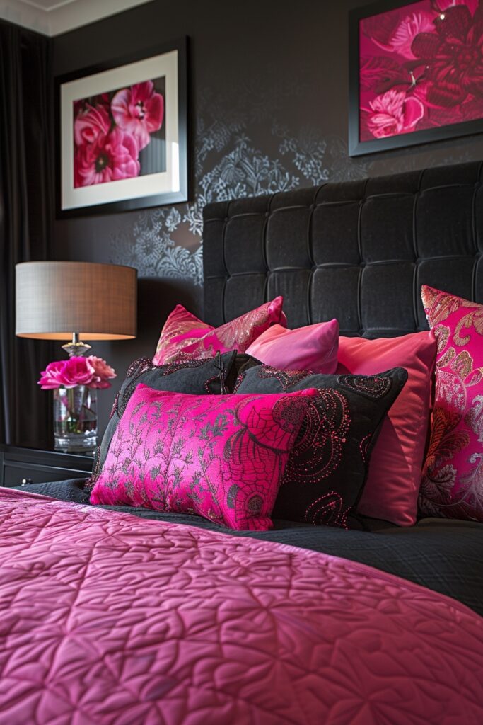 Bold Pink Highlights in a Black Bedroom