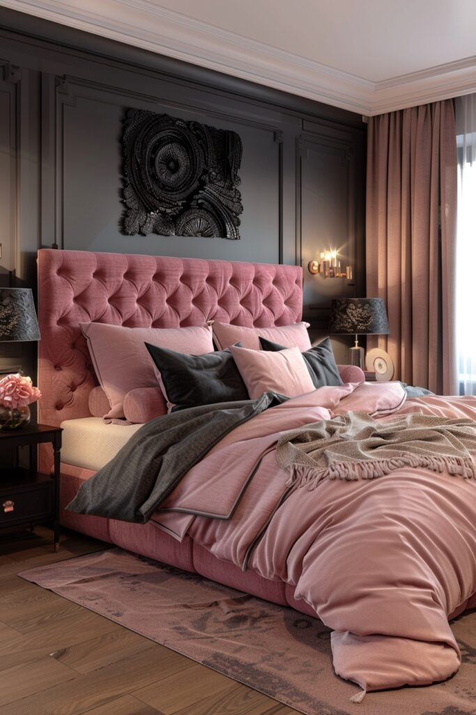 Luxurious Pink Velvet and Black Bedroom