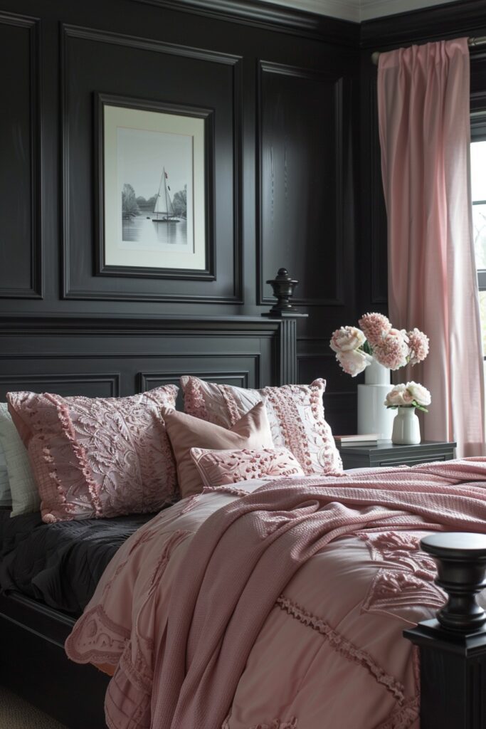 Subtle Pink Accents in Black Bedroom