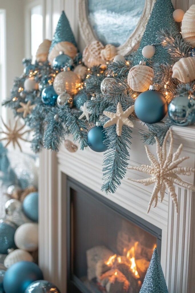 Coastal Blue Christmas Fireplace