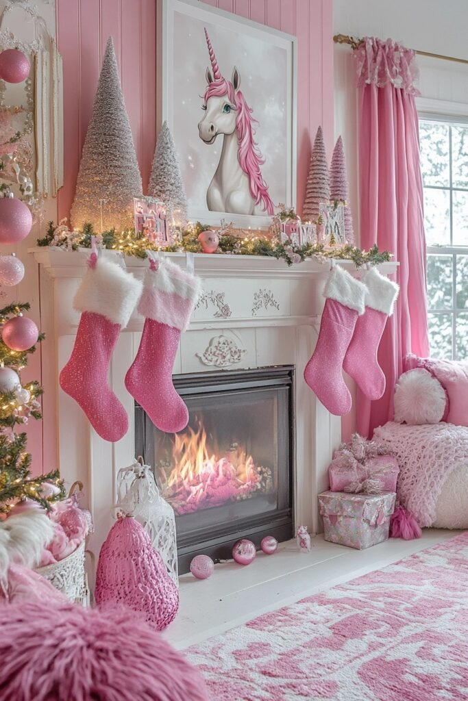 Whimsical Pink Holiday Mantel