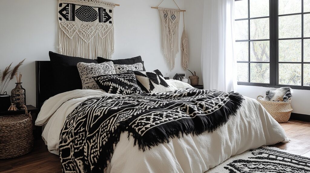 monochrome boho bedroom